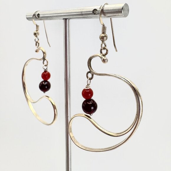 Sterling Silver 925 Red & Black Crystal Freeform Dangle Earrings 2.5" Length - Picture 6 of 9